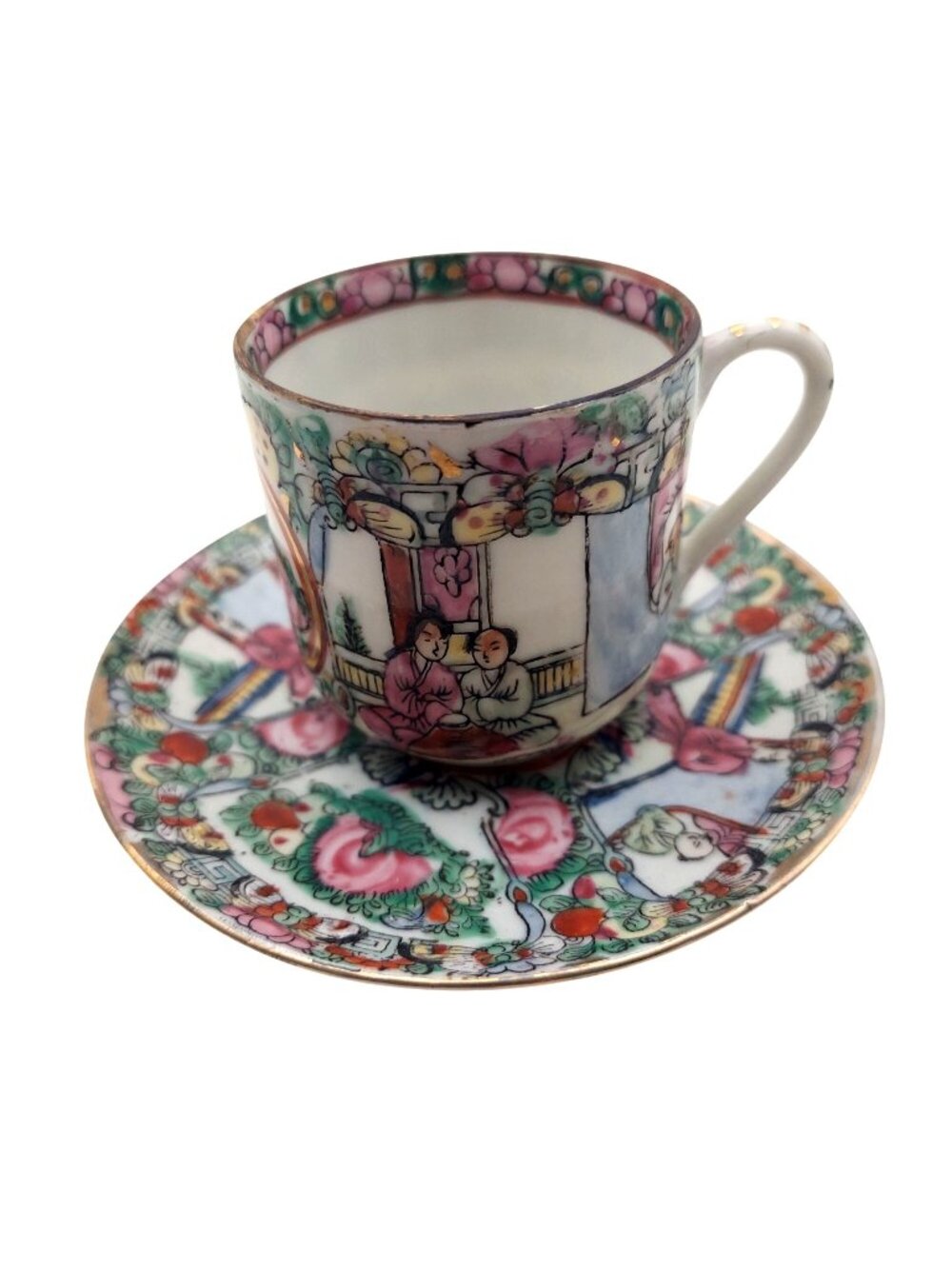 Famille Rose Medallion Demitasse Cup & Saucer Set Vintage Porcelain Hand Painted